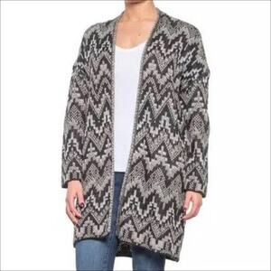 Lucky Brand Black & Gray Chevron Open Front Long Cardigan Sweater Size Medium